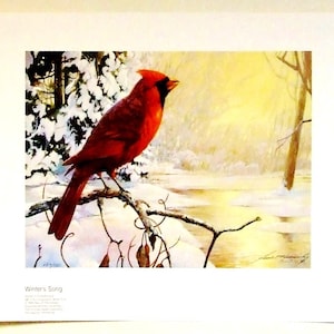 Limited edition print Mario Fernandez Winters Song red bird American artist bright wall decor modern art 1989 wall signed wildlife bird gift