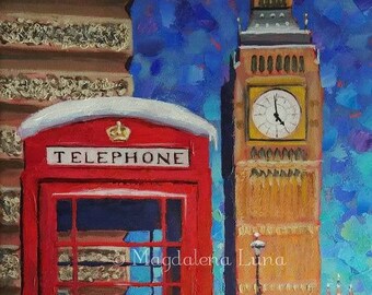 Original painting "London in winter" ~ cityscape palette knife painting by Magdalena Luna ~ blue / red / ocre / beige ~ FREE SHIPPING