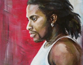 Original painting 'PIERRE' ~ male portrait ~ cool crimson red / burgundy / light blue/ white /brown/ olive / afro hair ~ FREE SHIPPING