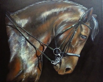 Original painting MAJESTY ~ equestrian art ~ bay stallion ~ horse portrait ~ stretched canvas ~ glossy black/chestnut brown ~ FREE SHIPPING