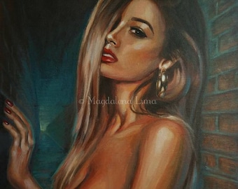 Original painting ~ ISABEL ~ female portrait ~ figurative art ~ by MagdalenaLuna ~ teal / red/ brown / tan / sienna/ skin tone / golden