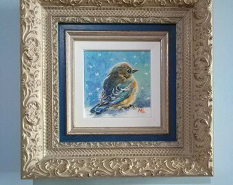 Framed original painting ~ Winter bluebird ~ bird art ~ winter wall art ~ white/blue /turquoise /orange/ beige decor ~ ornate frame