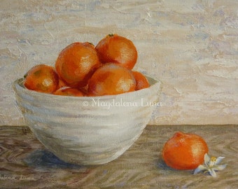 Original painting 'Bowl of Clementines' ~ fruit still life ~ kitchen food art ~ warm beige/tan/taupe /ecru/orange/champagne ~ FREE SHIPPING