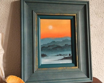 Framed original painting "Fiery fullmoon over hazy valleys" ~ orange and teal blue / grey/ asian/ minimalist/ zen /