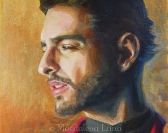 Original painting 'LUIS' ~ male portrait ~ scarlet crimson red / burgundy / honey yellow orange