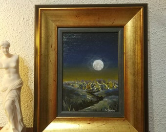 Gerahmte Originalmalerei "Klare Nacht über der Stadt" ~ Stadtlandschaft/Landschaft/blau/gelb/Himmel/Vollmond ~ Versandkostenfrei