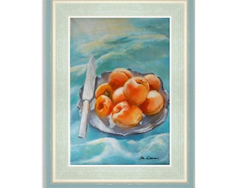 Original painting PLATE OF APRICOTS ~ still life fruit art ~ peach/apricot/yellow/orange blue/turquoise/lavender ~ optional frame