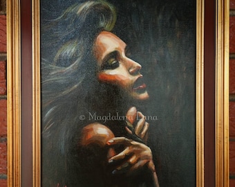 Framed original painting ~ 'AMBER' ~ female portrait ~ figurative art ~ expressive emotive art ~ dark/black/brown/red/orange/nude/olive