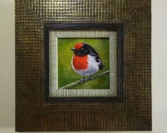 Framed original painting ~ Red capped robin ~ bird art ~ ready to hang ~ red/green/olive/white/black/grey ~ square wall art ~ FREE SHIPPING