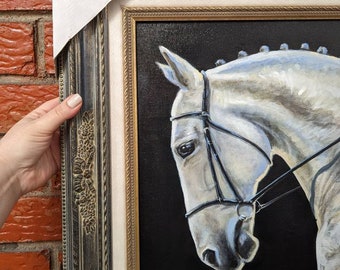 Original painting "Glory" ~ equestrian art ~ horse portrait ~ framed ~ realism ~ dressage ~ grey/black/cream/periwinkle blue FREE SHIPPING