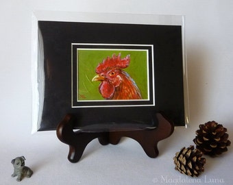 Original tiny ACEO painting ~ "Copper rooster portrait" ~ red/green/country/chicken/cock/farm/rustical/coop/farmer's minimalist decor