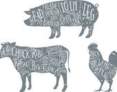 Cuts of Meat Wall Art Diagram Wall Sticker Beef, Pork and Chicken Butchers Decal Anatomy Vinyl