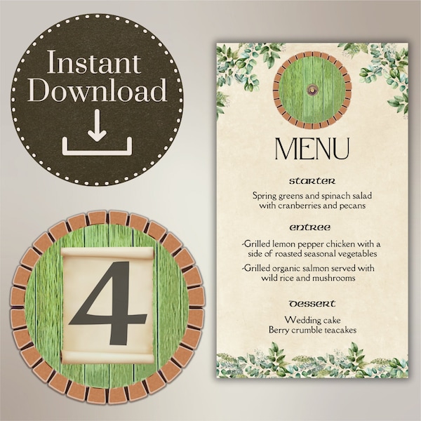 Personalized Shire Wedding Menu and Table Number Printable Set