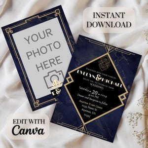 CANVA Navy Deco Wedding Invitation Template