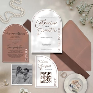 May include: Wedding invitation suite with a modern arch design. The invitation features a white background with a brown arch and the text "Please join us for the wedding of Catherine and Dimitri". The RSVP card features a white background with a brown arch and the text "Please Respond by May 15th".