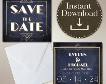 Personalized Navy Art Deco Save The Date Printable Cards