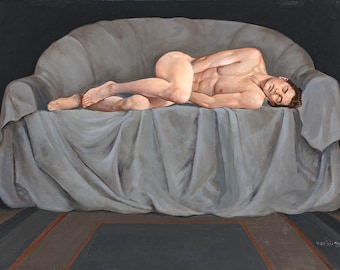 Dreaming on Sofa Nude Male Fine Art Oil Painting