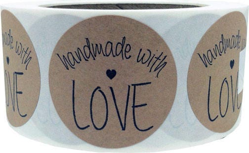 500 à la main avec amour 2" pouce rond forme autocollants de papier Kraft naturel avec Eco amical à l’encre noire 500 à la main avec amour 2