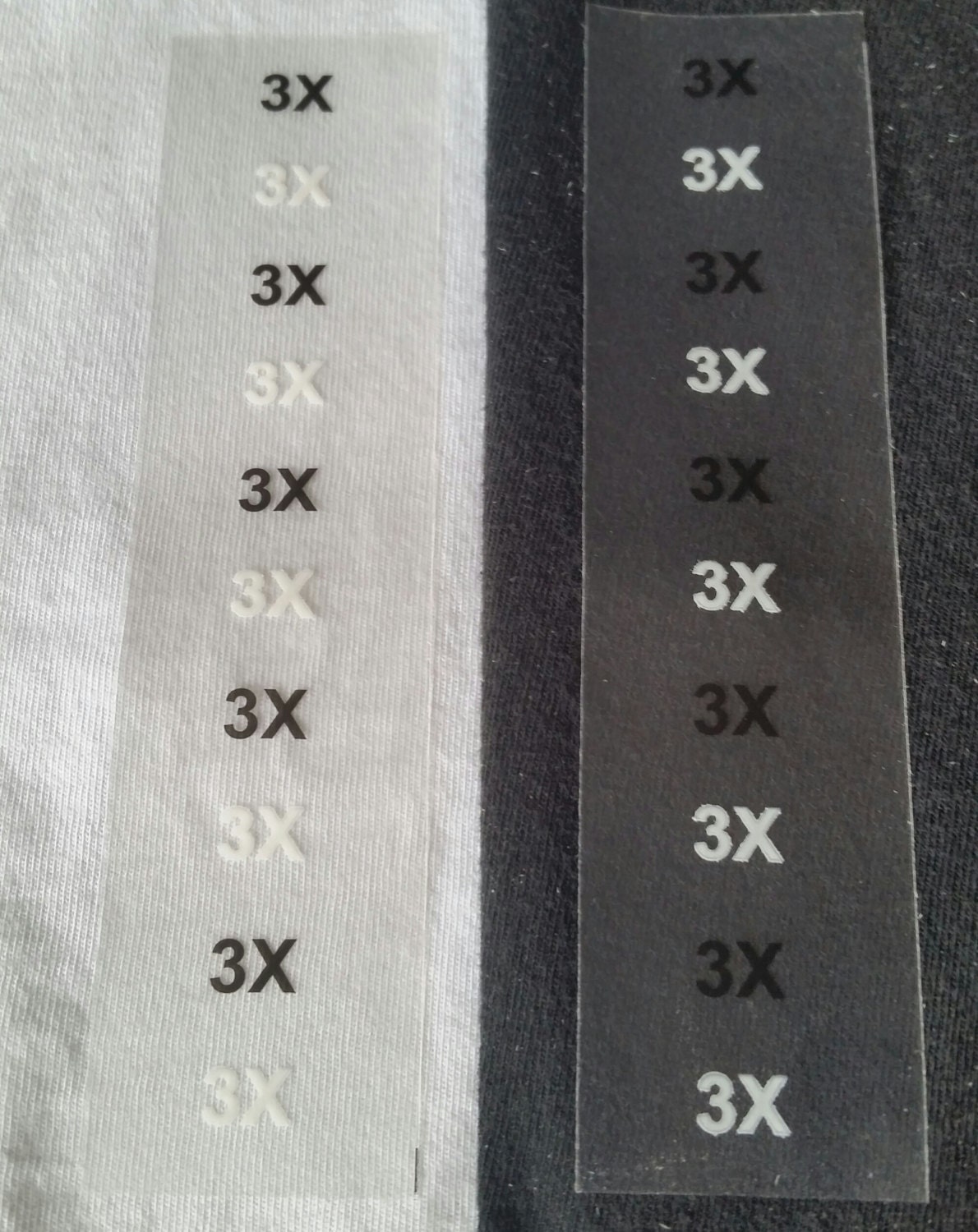 New Modern 3X Retail Clothing Size Stickers - Wrap Around 1.25 x 5 Inch Size Strips That Show Black and White Text For Dark and Light Shirts
