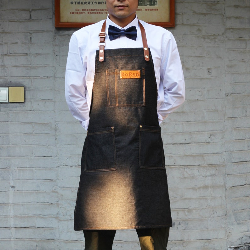 Bookstore Kitchen cafe Personalized Neck-strap Denim Full Apron for Restaurant,Bakery Supermarket