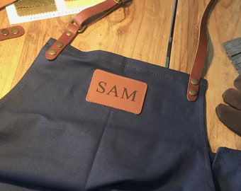 Personalized Full gray canvas apron with adjustable leather straps for restaurant,bakery,cafe, kitchen29