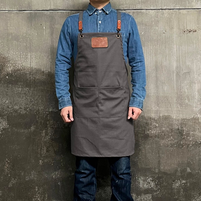 Personalized Full gray canvas apron with adjustable straps for restaurant,bakery,cafe, kitchen51 image 4