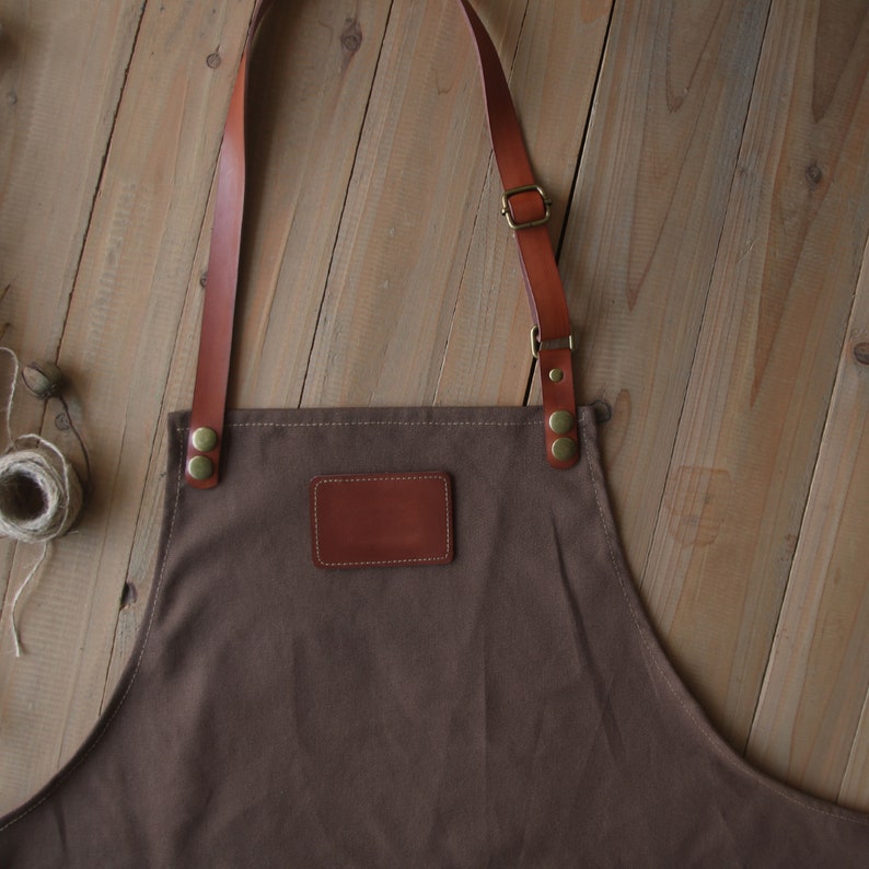 Personalized Full gray canvas apron with adjustable straps for restaurant,bakery,cafe, kitchen image 4