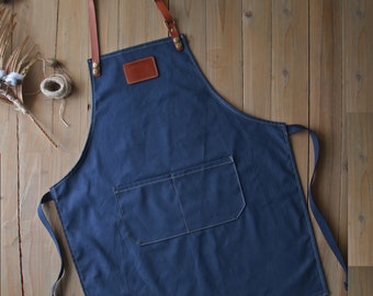 Apron 126Personalized Full gray canvas apron with adjustable leather straps for restaurant, kitchen
