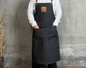 Längere neue Denim-Schürze Personalisierte graue Denim-Schürze mit verstellbaren Trägern für Restaurant, Bäckerei, Café, Küche