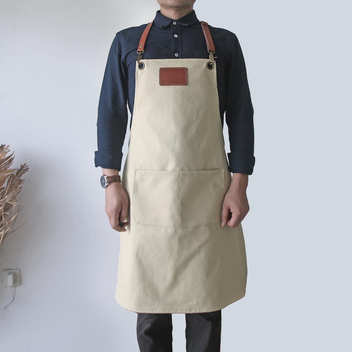 Beige canvas apron with adjustable leather straps for Etsy