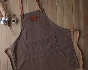 Personalized Full gray canvas apron with adjustable straps for restaurant,bakery,cafe, kitchen