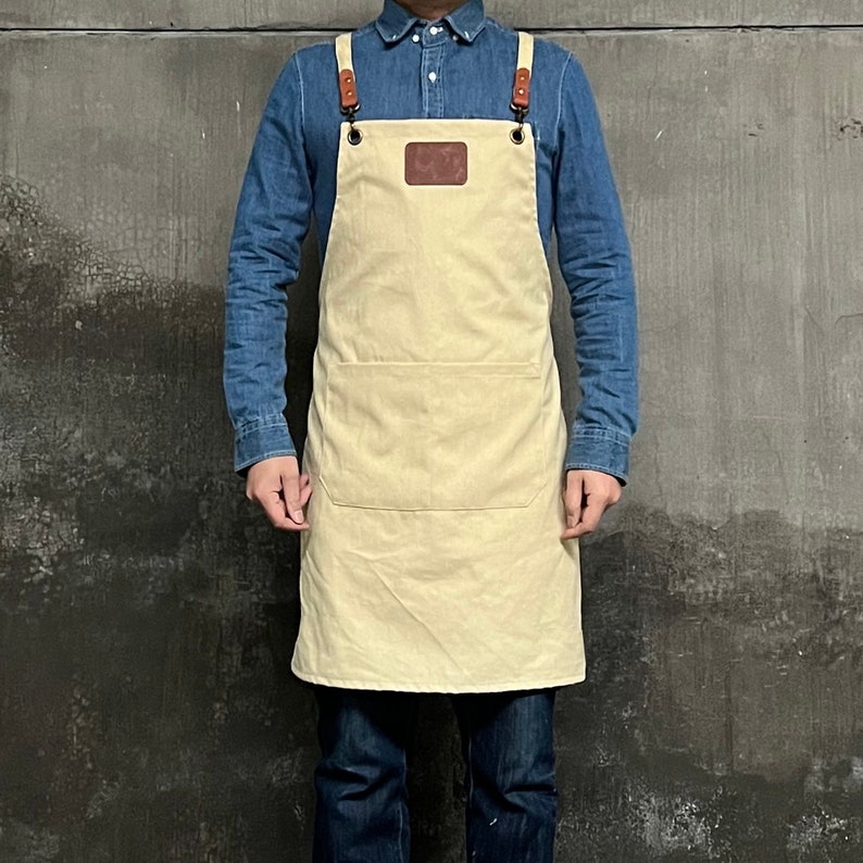 Personalized Full gray canvas apron with adjustable straps for restaurant,bakery,cafe, kitchen51 image 1