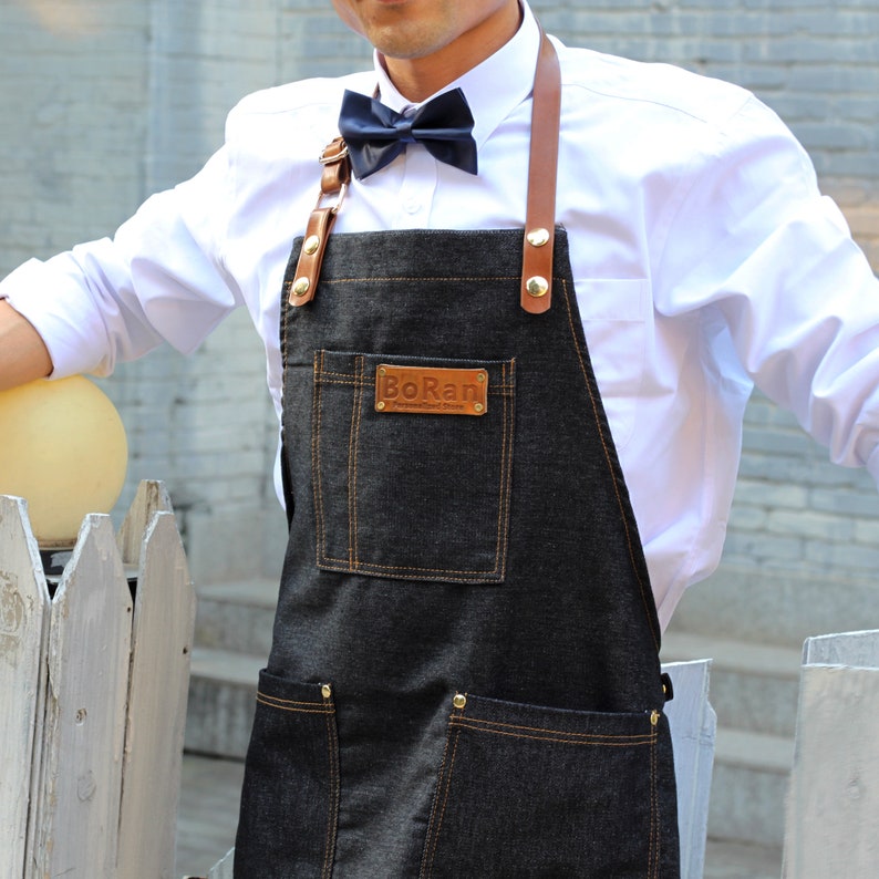 Bookstore Kitchen cafe Personalized Neck-strap Denim Full Apron for Restaurant,Bakery Supermarket