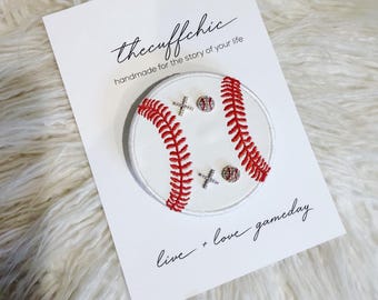 GAMEDAY Collection : xo Gameday signature Pave Baseball Minimalist Stud earrings