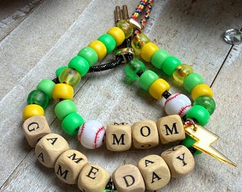 GameDay  Mom wood letter adjustable Beaded  Baseball Bracelet