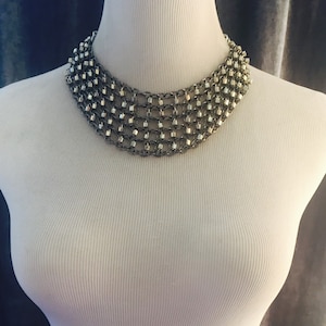 Beaded Silver Chainmaille Statement Necklace, Chain mail, Lightweight Gunmetal Layered Chains