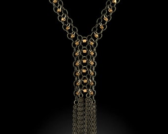 Oro metálico con cuentas de metal de metal cadena cadena larga cadena collar de flecos, longitud ajustable, collar de declaración, correo de cadena, plata y tonos de oro