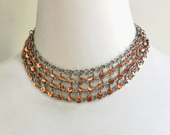 Collar de cadenas de discos de cobre brillante y acero inoxidable con longitud ajustable, collar de chainmail, metales mixtos