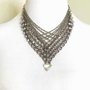 V-Shaped Necklace, Draped Layered Stainless Steel Chain, Translucent Opal Glass Beads, Quartz Pendant, Chainmail Necklace, Adjustable Length