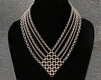 Diamond Shaped Stainless Steel Statement Necklace, Chainmaille Necklace, Silver