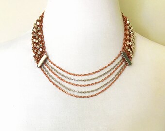 Collar de múltiples hilos de malla de plata y cobre brillante, collar en capas con cuentas de vidrio plateadas metálicas