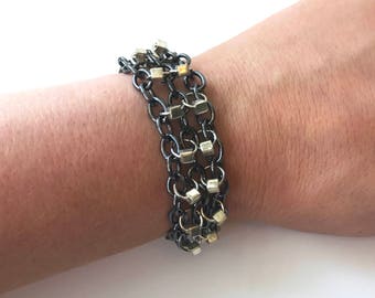 Silver and Gunmetal Beaded Chainmaille Bracelet with Toggle Clasp, Bracelets for Women, Custom Sizes and Color Combinations Available