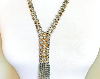 Collar de flecos de acero inoxidable largo - cuentas de oro en cadena de acero inoxidable extra ligero