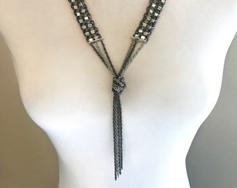 Collar anudado de plata y bronce con malla de cuentas, cuentas de vidrio plateadas metálicas en cadenas en capas, ajustable