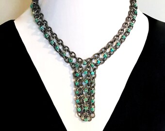 Turquesa y espumoso Gunmetal Y forma cadenas de cuentas collar, collar de declaración de cadena, cadenas en capas con cuentas de vidrio, ajustable