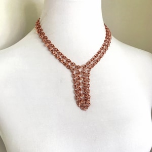 Bright Copper Rose Gold Beaded Chainmail Necklace, Layered Chains, Transparent Rose Gold Toned Glass Cube Beads, Adjustable