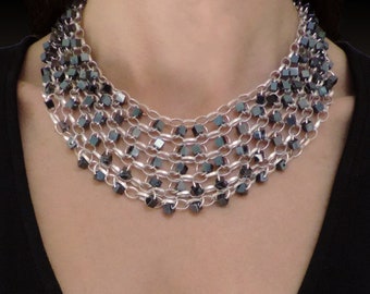 Collar de cadena de plata de ley con cuentas de piedra de hematita cuadrada, collar de declaración de plata y metal, cadena, envío rápido