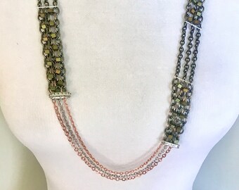 Collar de malla de cuentas asimétrico, largo y en capas, collar ajustable de cobre y plata con cuentas de iris metálicas