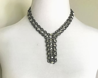 Collar de cadena con cuentas de plata y gunmetal, longitud ajustable, joyería de cadena, metales mixtos y cadenas en capas