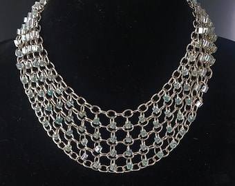 Collar de cadenas con perlas de espuma marina de plata y ópalo, cadenas en capas de acero inoxidable, collar de chainmail, longitud ajustable